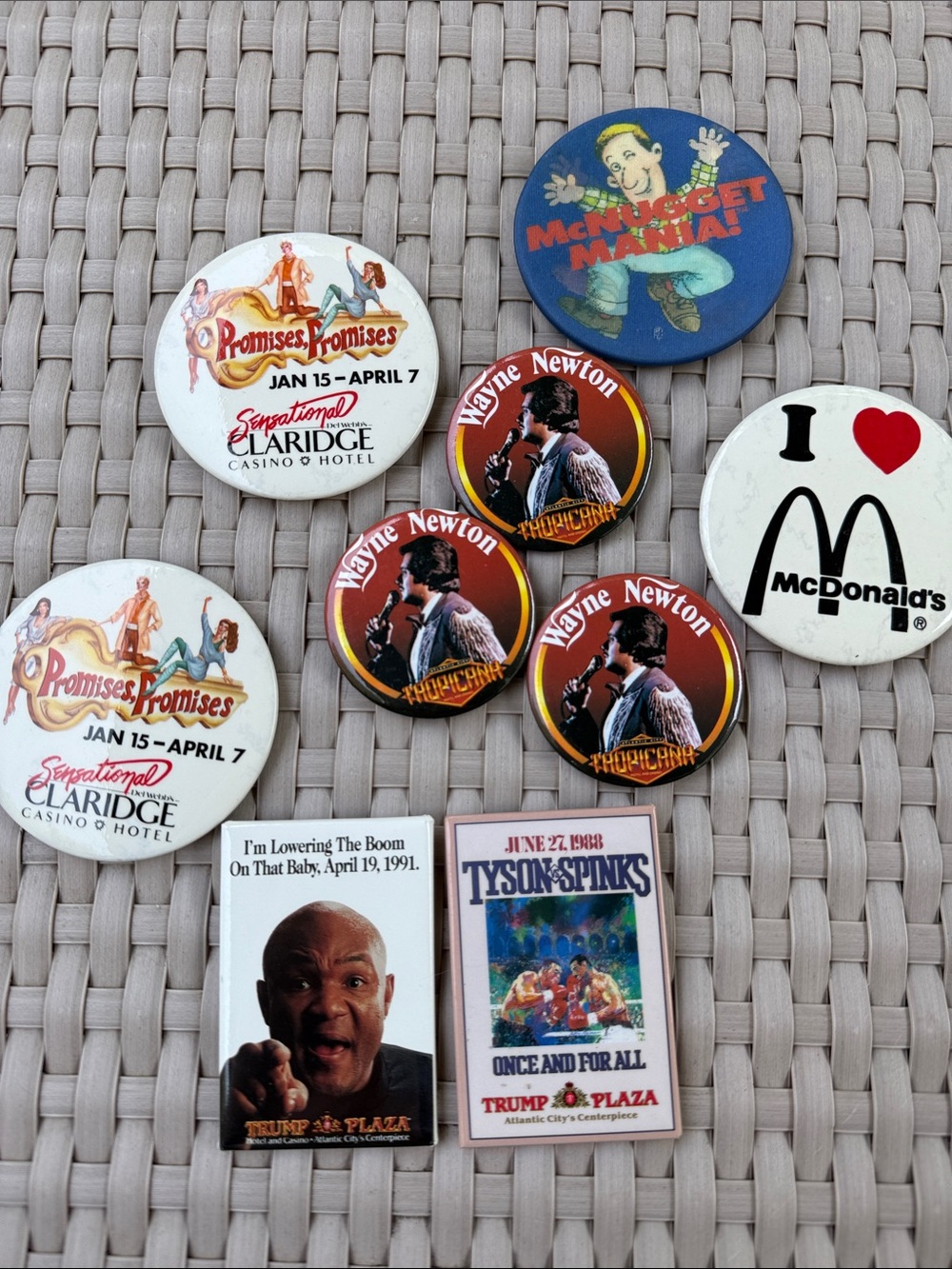 VTG 80s 90s Advertising Pins Lot Tyson Spinks Trump Plaza McDonalds Wayne Newton